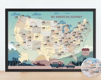 Mapa turístico de campings en EE. UU. con marcadores: Rastreador de rutas para viajes por carretera