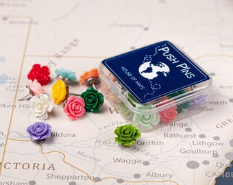 Chinchetas decorativas con forma de rosa para mapas de viaje.