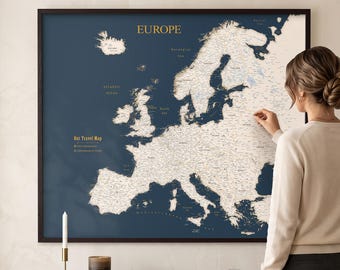 Detailed Europe Push Pin Map – Dark Blue Map with Cities and Countries
