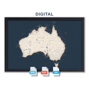 Mapa de Australia imprimible, listo para imprimir, póster de Australia. Descargar en formato jpg, pdf y tiff.