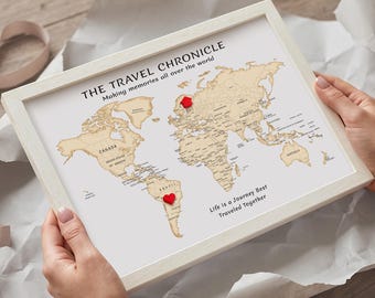 Personalized Couple Travel Gift Map with Pins – Small Neutral World Map | Size S