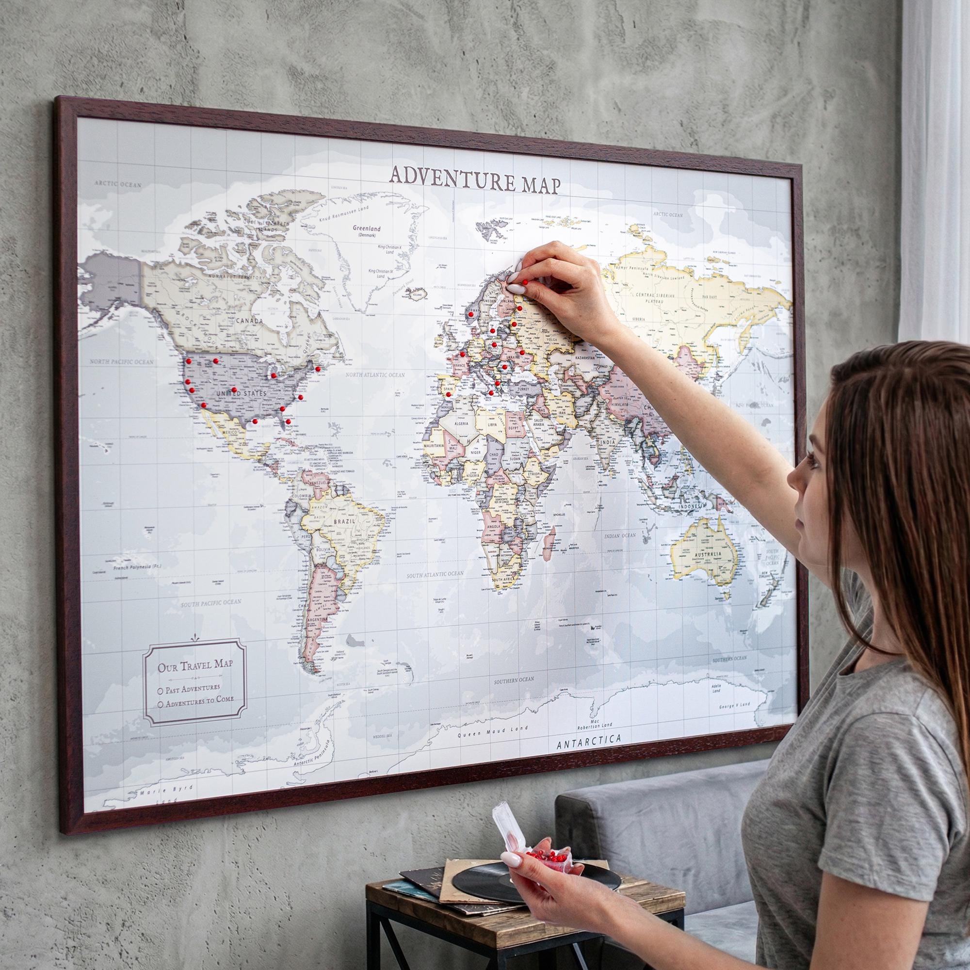 Push Pin World Map – Classic Travel Map With Pins, Framed Wall