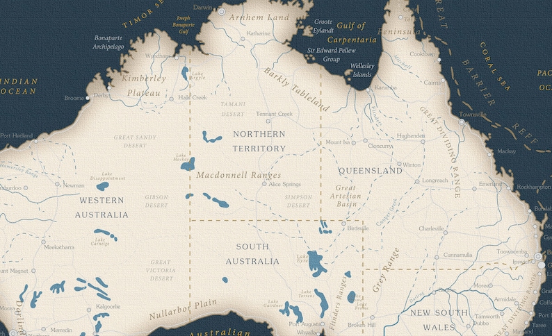 May include: A detailed map of Australia with state borders and major geographical features labeled. The map is in a vintage style with a beige background and blue lines. The map includes the Great Dividing Range, the Great Artesian Basin, the Nullarbor Plain, and the Macdonnell Ranges.