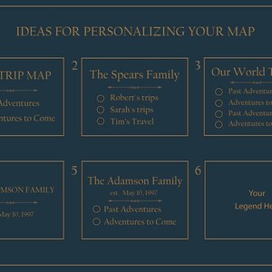 Puede incluir: Un fondo azul con seis cuadros blancos que contienen ideas para personalizar un mapa. Cada cuadro tiene un n&uacute;mero y un t&iacute;tulo. Los t&iacute;tulos son "Nuestro mapa de viaje", "La familia Spears", "Nuestros viajes por el mundo", "La familia Adamson", "La familia Adamson" y "Tu leyenda aqu&iacute;".
