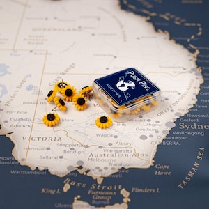 Può includere: Spilli a forma di girasole su una mappa dell'Australia. Un contenitore trasparente contiene spilli con l'etichetta "PUSH PINS" e "HOUSE OF MAPS". La mappa è beige chiaro con dettagli blu.