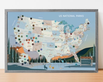 Mapa de viaje de Parques Nacionales con alfileres, regalo para viajeros