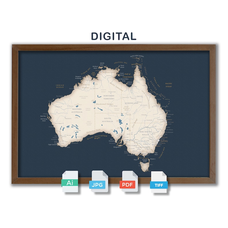 May include: A digital map of Australia with a navy blue background and a brown frame. The map shows the states and territories of Australia, as well as major rivers and cities. The map is available in AI, JPG, PDF, and TIFF formats.
