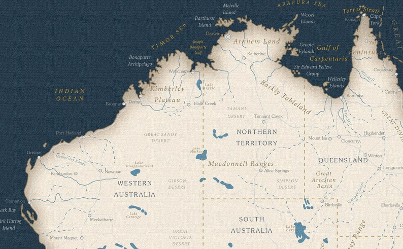 May include: A map of Australia with state borders and major geographical features labeled. The map is on a cream background with blue lines and text. The map is surrounded by a dark blue border.