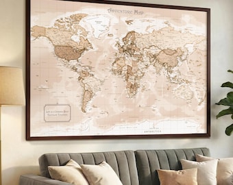 Vintage Push Pin World Map - Large Framed Wall Art with Pins