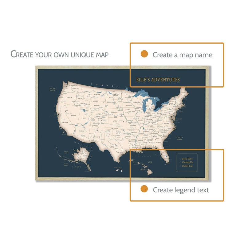 Puede incluir: Un mapa de los Estados Unidos en azul y blanco con un marco azul marino. El mapa se titula "ELLE'S ADVENTURES". Hay una leyenda en la esquina inferior derecha que dice "Been There, Coming Up, Bucket List".