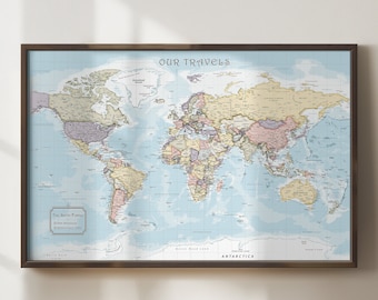 Personalized Travel Map, Push Pin World Map, Framed Large World Map, Custom Map for Gift