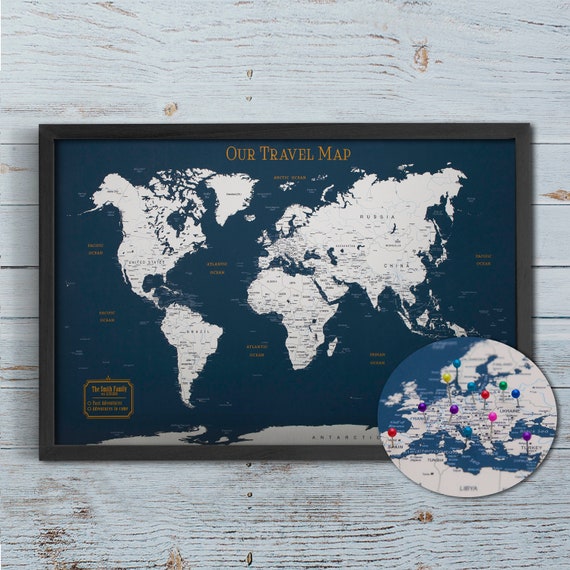 World Travel Map Pin Board with Push Pins: Light Blue Color Splash