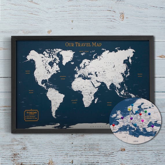 Push Pin World Map, Push Pin Map, World Map Pin Board, Cork World Map,  Weltkarte, Personalized Gift, Detailed Names, Beige 