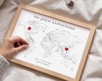 Personalized Family Travel Gift Map with Pins – Small Minimal World Map | Size S