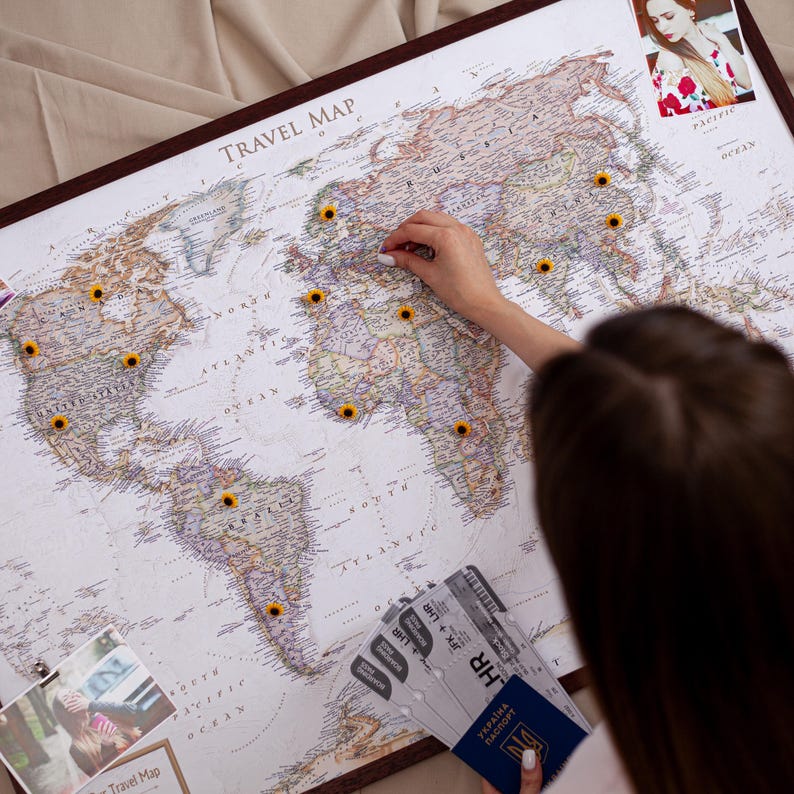 Personalized Push Pin World Travel Map: Custom Canvas Art