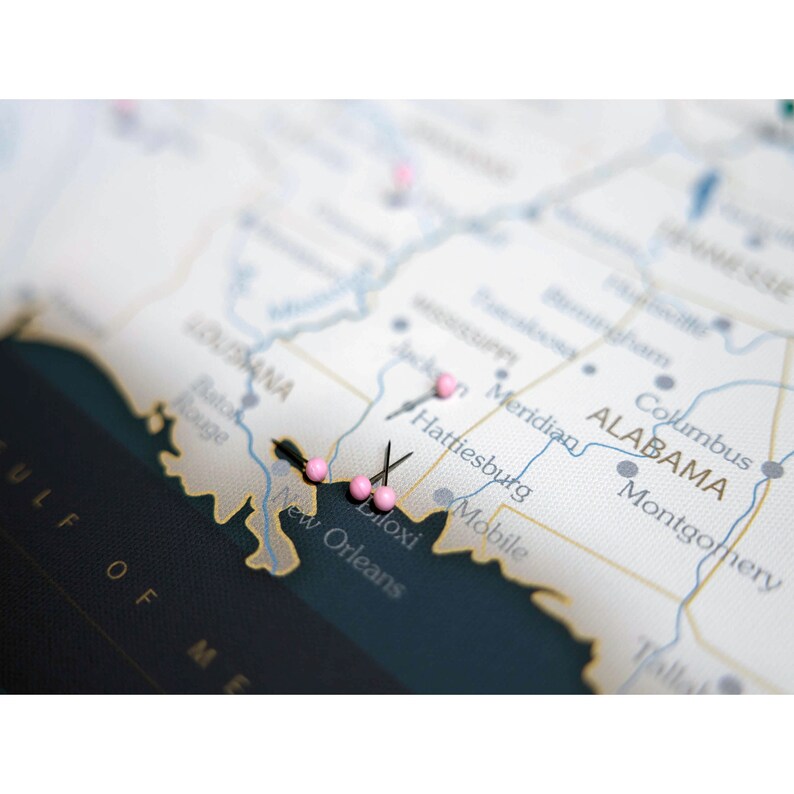 Puede incluir: Primer plano de un mapa del sur de los Estados Unidos con alfileres de colores rosa que marcan ubicaciones en Luisiana, Misisipi y Alabama. El mapa muestra las ciudades de Nueva Orleans, Biloxi, Hattiesburg, Meridian, Mobile, Montgomery y Columbus.
