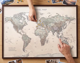 Light Neutral Push Pin World Map – Personalized Travel Map with Pins