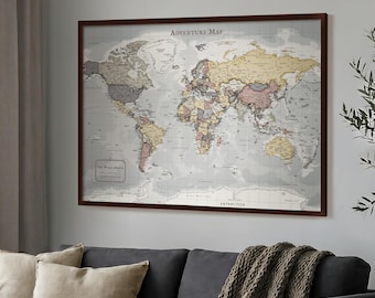 Push Pin World Map – Classic Travel Map with Pins, Framed Wall Decor