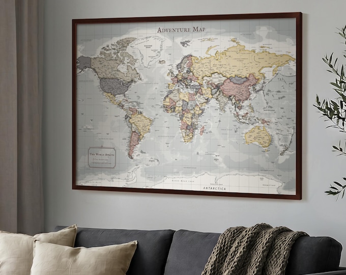 Push Pin World Map – Classic Travel Map with Pins, Framed Wall Decor