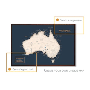 May include: A dark blue framed map of Australia with a white background. The map shows the states and territories of Australia. The text "Create your own unique map" is printed below the map. The text "The Campese Family" is printed in a box on the left side of the map. The text "Past Adventures" and "Adventures to Come" are printed in a box on the left side of the map.