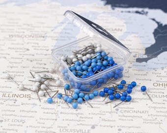 Chinches Ocean para mapas • Mix azul & blanco (claro/oscuro) • Packs 20–200