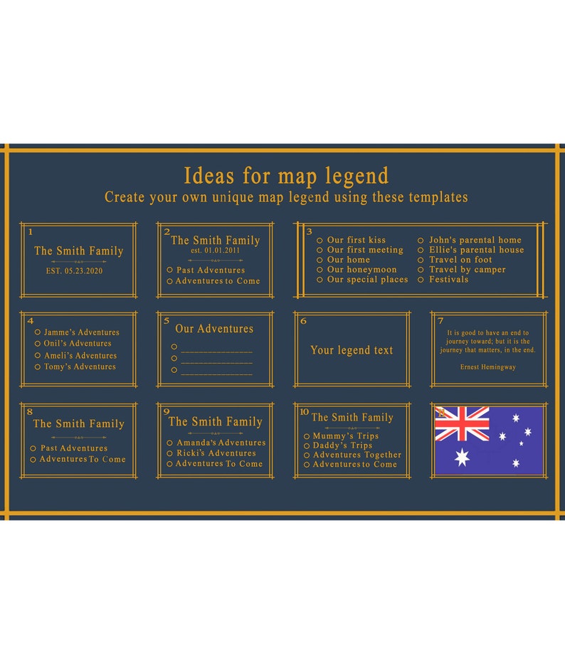 May include: A blue and gold printable map legend template with 10 different sections for creating a personalized map. Each section has a title and a list of items to include in the legend. The template includes a quote by Ernest Hemingway.