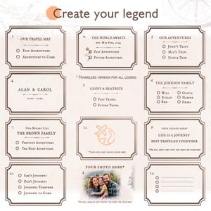 May include: A customizable travel map design with various legend options. Includes spaces for photos, family names, and adventure details. Features text like "Create your legend" and "Life is a journey best traveled together."