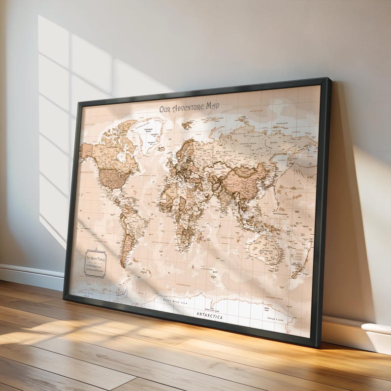 World map in black wooden frame