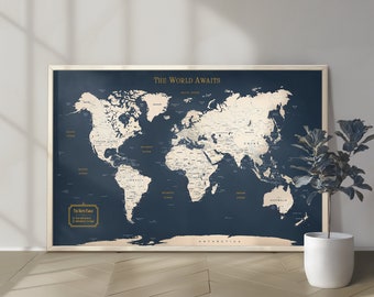 World Travel Map, Push Pin World Map, Canvas Travel Framed Map