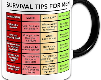 Survival Tips for Men - Novelty Gift Mug + Black Rim & Handle