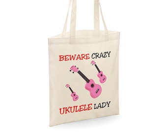 Beware Crazy Ukelele Lady Tote Shopper Bag - Natural Colour