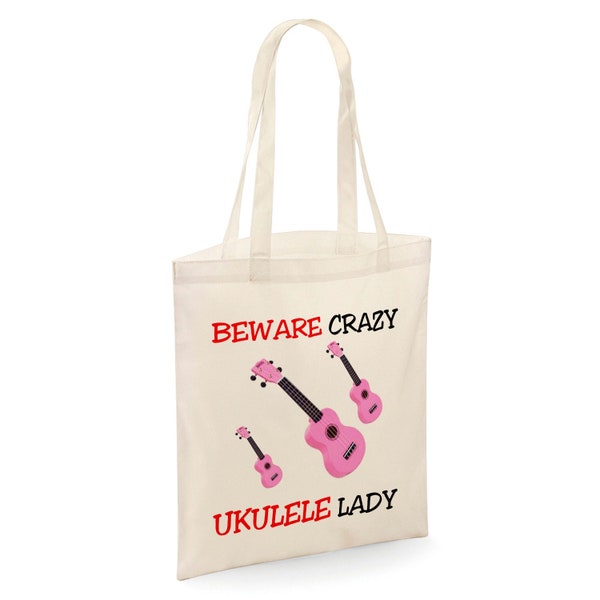 Beware Crazy Ukelele Lady Tote Shopper Bag - Natural Colour