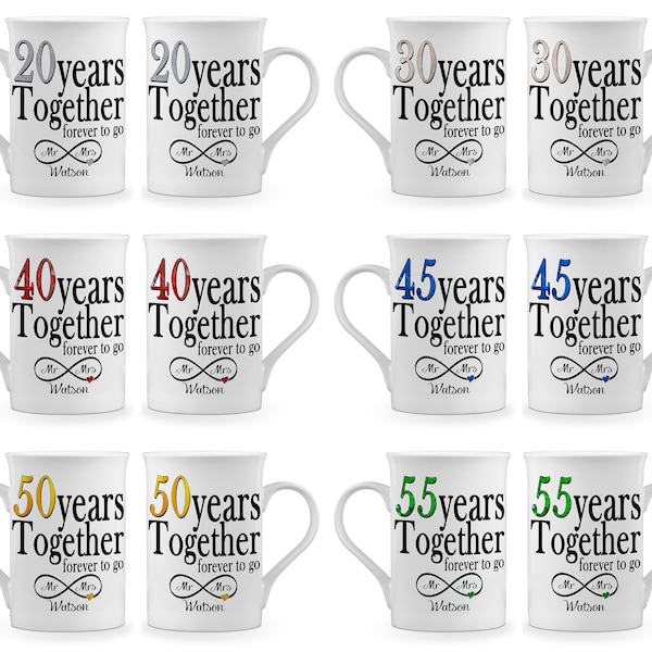 Personalised Pair of Mr & Mrs Years Forever To Go (1st-70th) Traditional Novelty Gift Fine Bone China Mugs