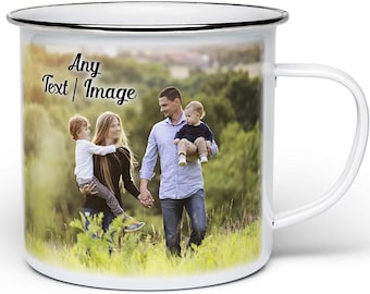 Personalised Any Text/Image Enamel Tin Novelty Gift Mug - White