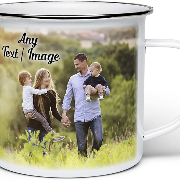 Personalised Any Text/Image Enamel Tin Novelty Gift Mug - White