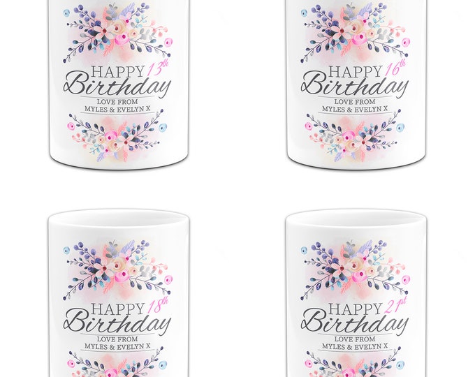 Personalised Floral Happy Birthday 13th-100th Ceramic Pencil Holder / Caddy / Pot