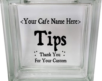 Personalised Cafe Tips Box Clear View Decoration Glass Block Money Box