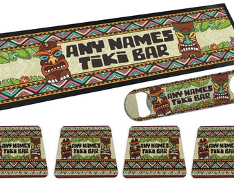Set of Personalised Any Names Tiki Bar Rubber Bar Runner/Bar Mat, Bottle Opener & 4x Coasters