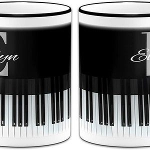 Personalised Any Name/Initial Piano Novelty Music Gift Mug - Black Handle/Rim