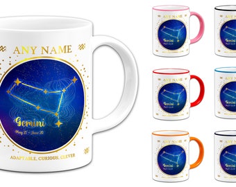 Personalised Any Name Gemini Constellation Novelty Gift Mug (Colour Variation)