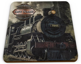 Personalised Happy Birthday Vintage Train Mug Coaster