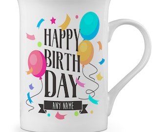 Personalised Happy Birthday Celebration With Balloons Novelty Gift Fine Bone China Mug