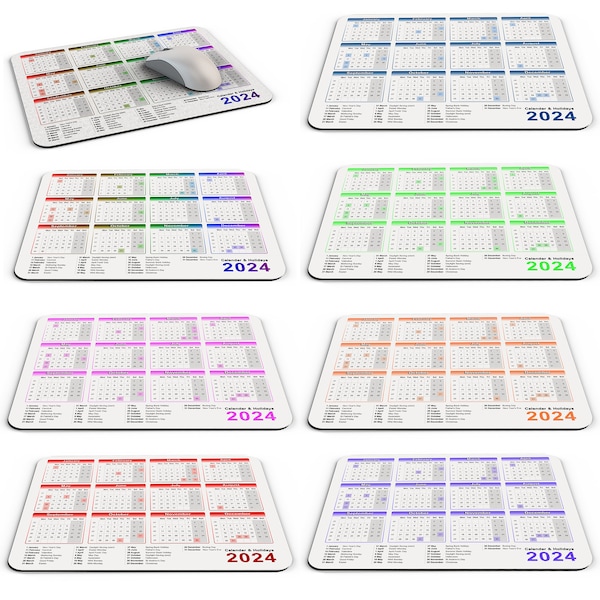 Kalender & Feiertage 2024 Computer PC Mousepad (verschiedene Farben)