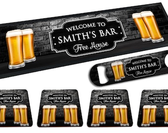 Set of Personalised Any Name Bar Free House Rubber Bar Runner/Bar Mat, Bottle Opener & 4x Coasters