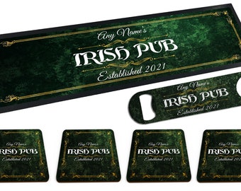 Juego de alfombra de bar/camino de barra de goma para pub irlandés personalizado con cualquier nombre, abridor de botellas y posavasos 4x