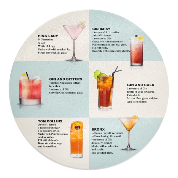 30cm Round Gin Cocktails Recipes Novelty Tempered Glass Chopping Board