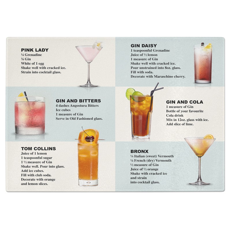 Gin Cocktails Recipes Tempered Glass Chopping Board Etsy UK