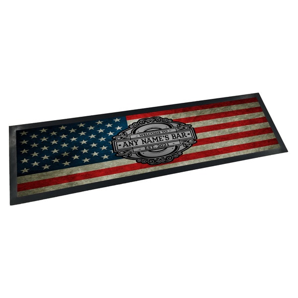 Personalised Any Name's Bar USA Flag Grunge Effect Rubber Bar Runner/Bar Mat