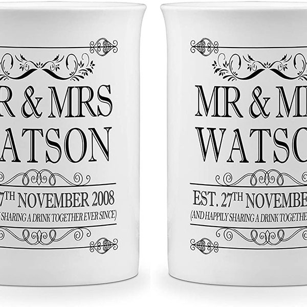 Pair of Personalised Happily Sharing A Drink Together Anniversary Novelty Gift Fine Bone China Mugs (COLOUR VARIATION)