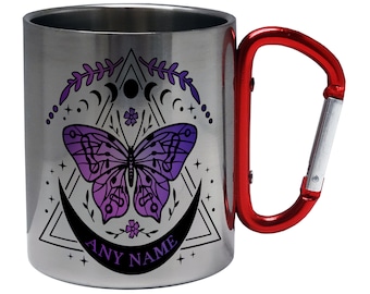 Personalised Lunar Butterfly - Purple Burst - Novelty Steel Mug w/ Carabiner Handle